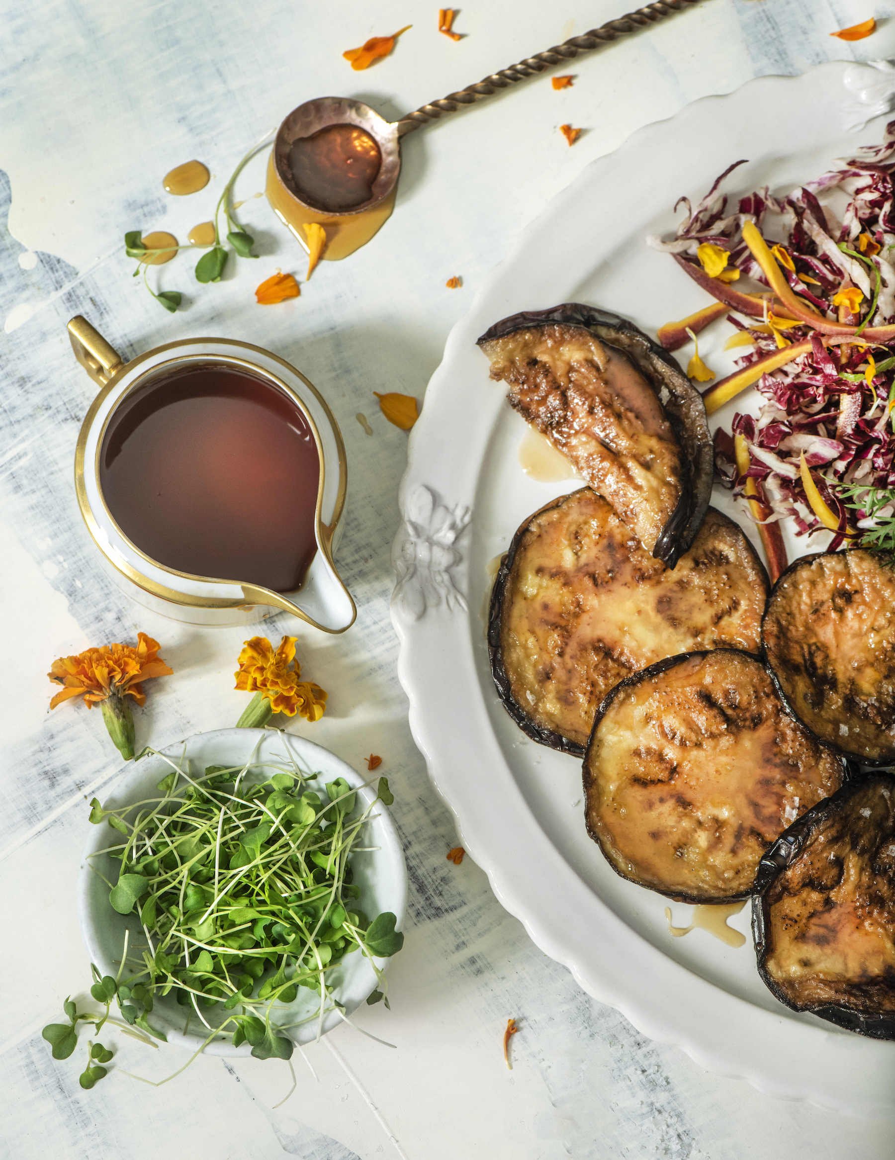 A mouthwatering plate of sweet fried eggplants, a delicious dish traditionally enjoyed during Hannukah celebrations.