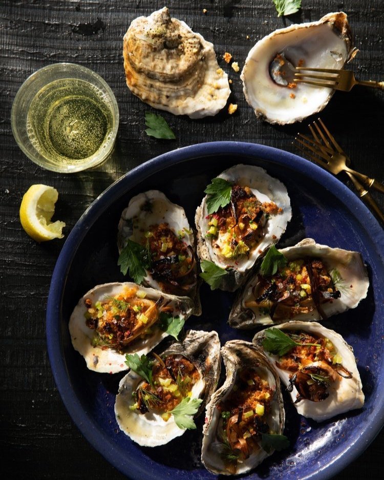 Roasted Oysters with Cornbread, Leek & Banana Pepper Crumble Table