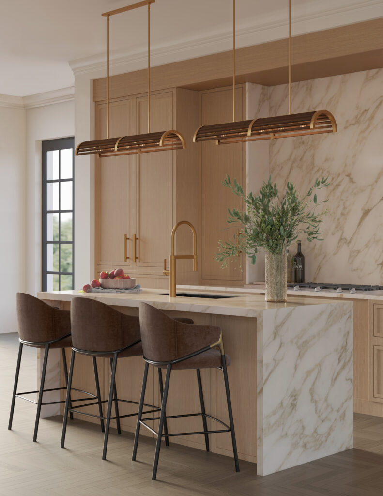 A photo of a neutral color kitchen with lighting by designer Tom Caldwell. 