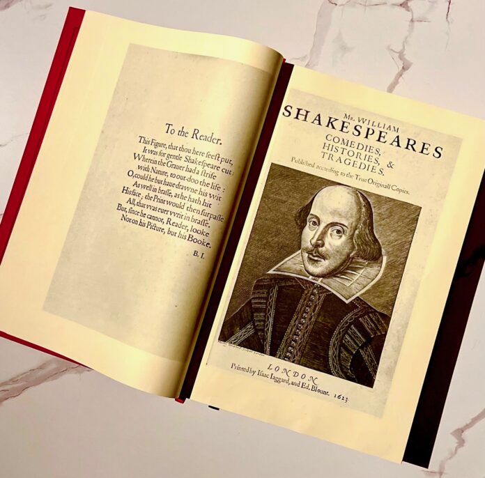 Quantum Theatre 2023-24 Season Photo of Shakespeare from Shakespeare’s First Folio was
