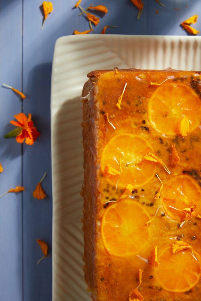 An aerial view of just the left side of a rectangular an Orange Olive Oil Cake