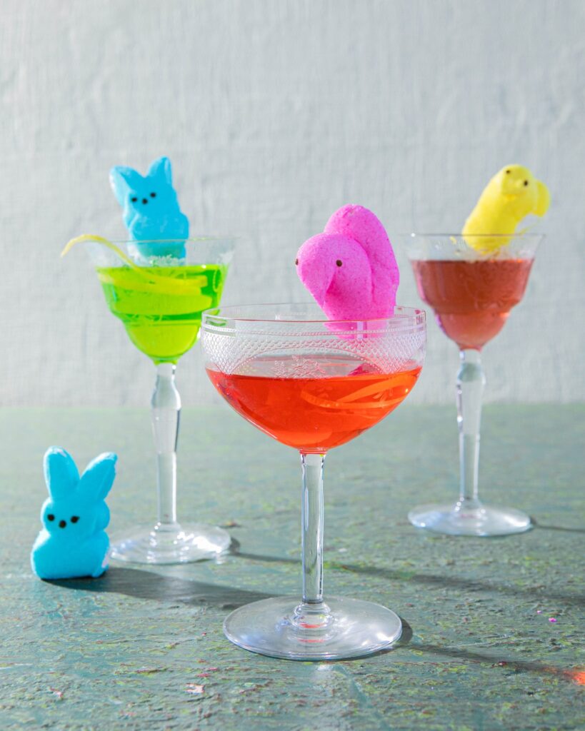 blue pink and yellow peeps with jolly rancher colored martini