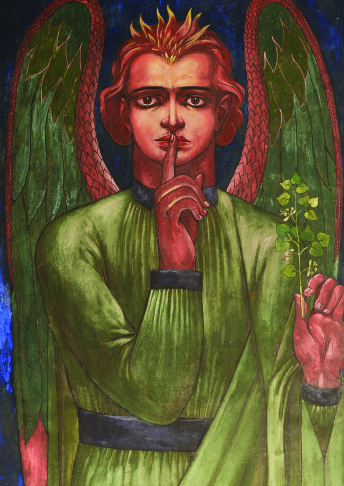 An angel-like figure with wings is dressed in a moss-greeen gown and holds a finger up to its mouth in a "shh" motion. Unexpected Places to find Art, Unexpected Art in Pittsburgh