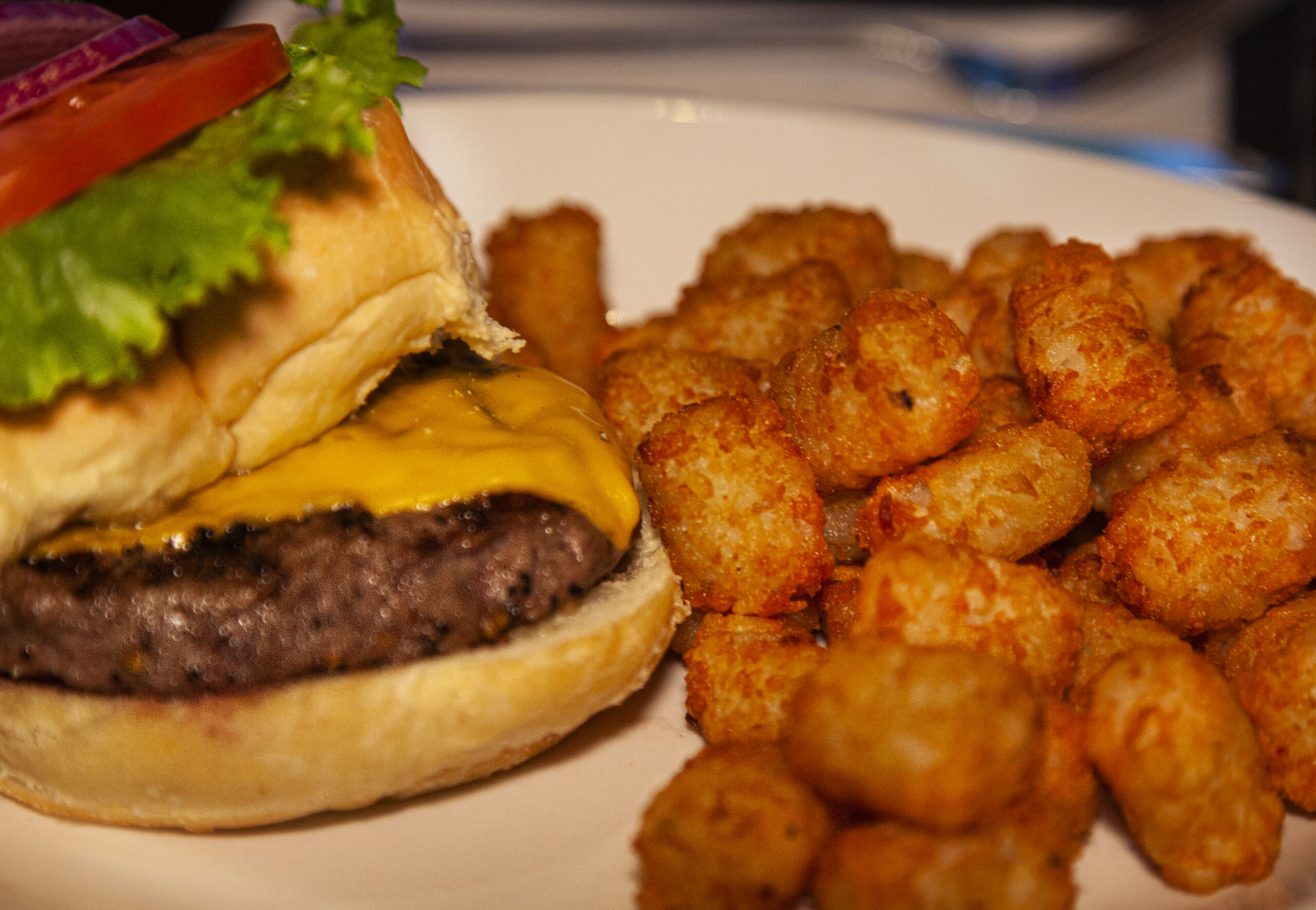 a close-up photo of a cheeseburger and tater tots on a white plate