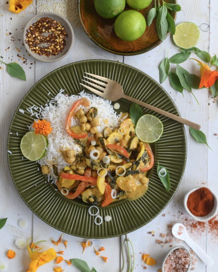 You’ll enjoy sunshine in a bowl with seasonal ingredients kissed by umami flavor in this vegan curry dish.