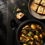 Sopa de Mariscos sits in a black bowl with high edges next to a plate of sourdough bread.