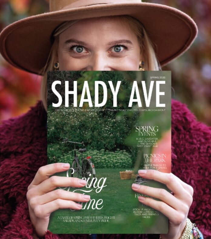 Shady Ave A woman holds a Shady Ave magazine in front of her face.