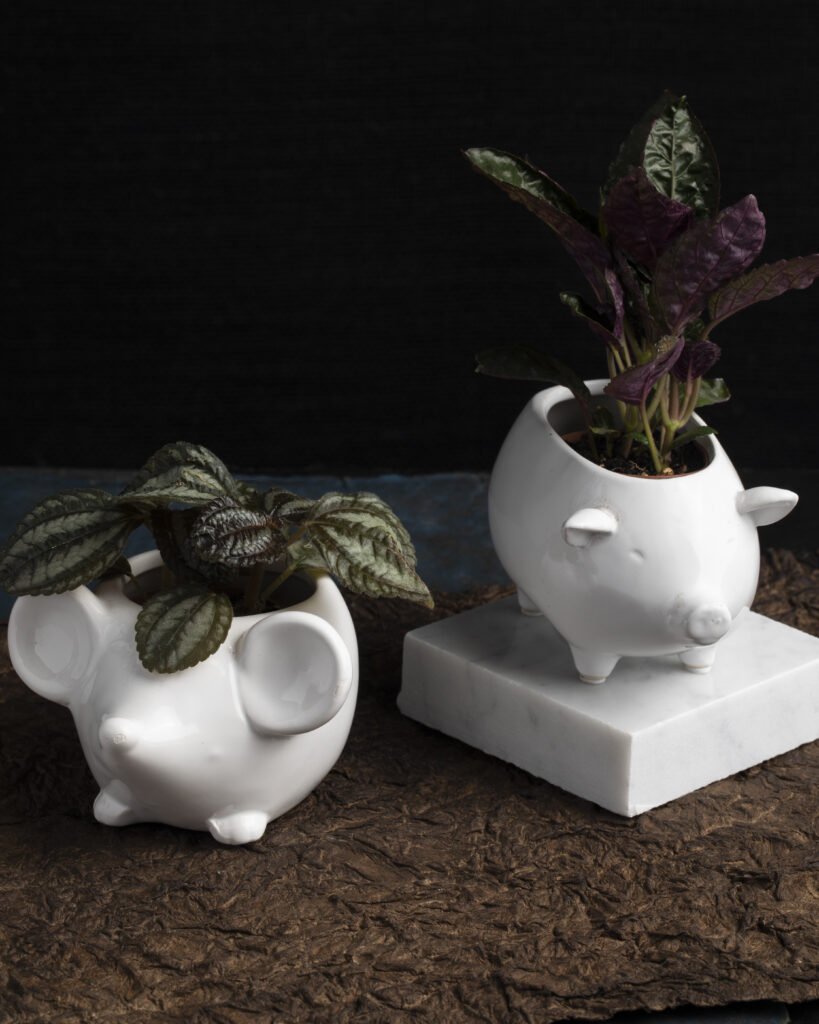 A white pig and mouse planter with green leaf plants inside.