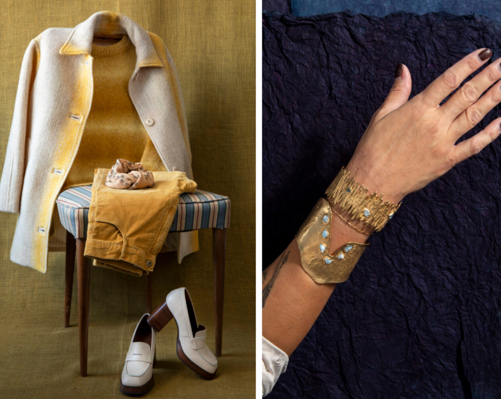Pictured left is a women's clothing set with yellow accents and pictured right is a woman's arm wearing gold and turquoise jewelry.