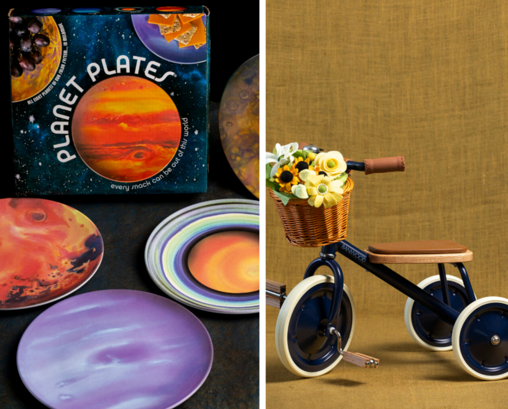Pictured left are multiple planet colored plates and pictured right is a wooden tricycle with a basket on the handlebars.