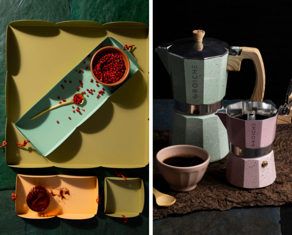 Pictured left are colorful catch all trays in various sizes and pictured right are multiple coffee holders in different sizes and colors.