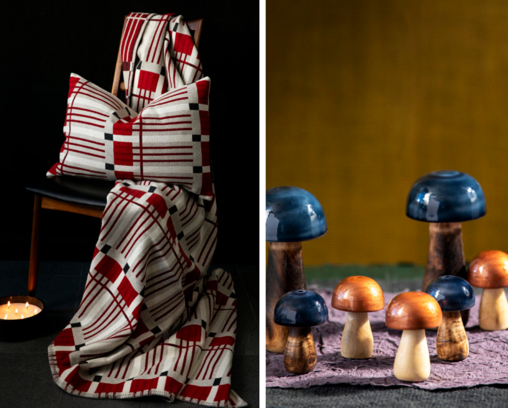 Pictured left is a handmade patterned blanket in red and white and pictured right are blue and orange wooden mushrooms.