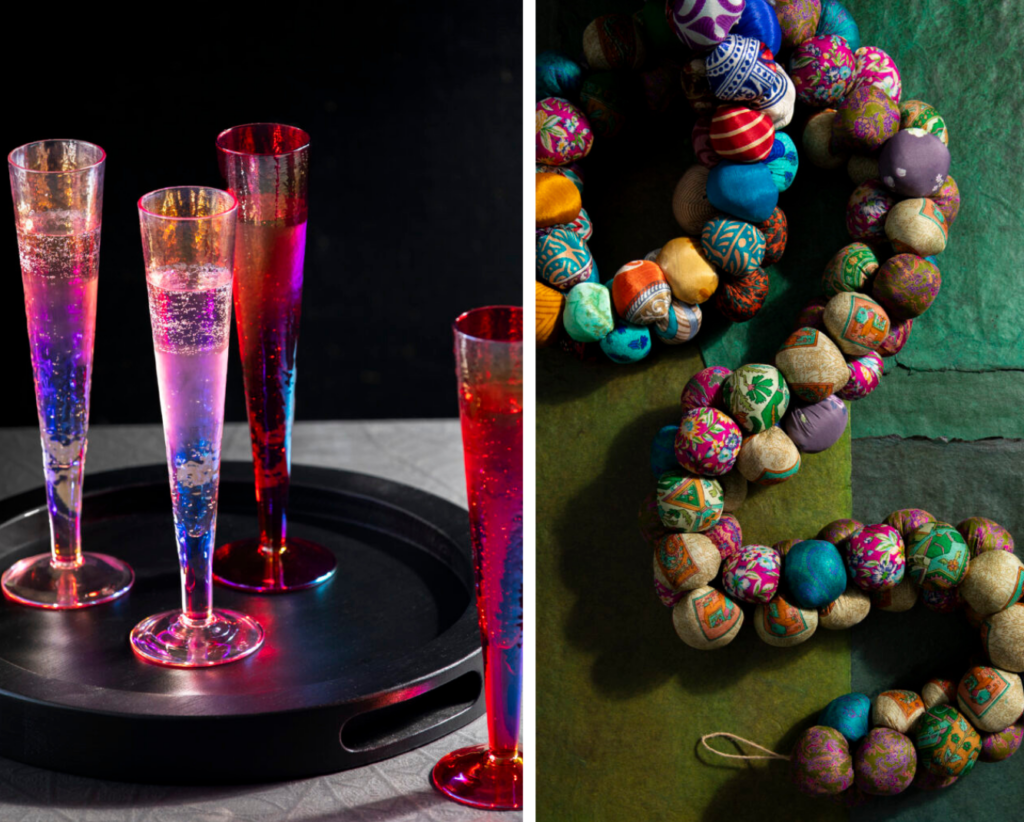 Pictured left are colorful champagne flutes and pictured right is a long string of garland made of various sized colored bulbs.