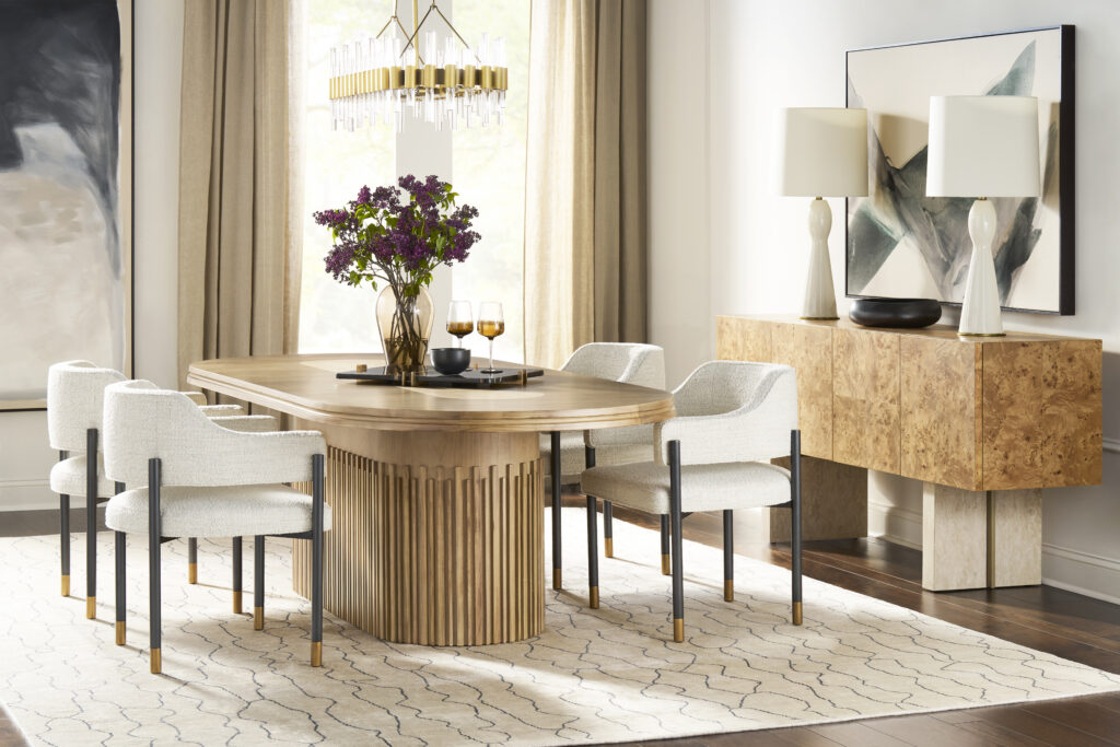 A dining room set up using various light brown stains.