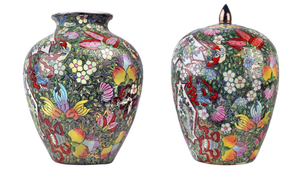 Two floral asian cases in a bulbous shape and with every color in each.