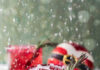 Red Ryder Punch Two red rocks glasses with a spring of rosemary garnish, sitting on a snowy surface with a round Christmas ball that. looks like Santa's outfit.