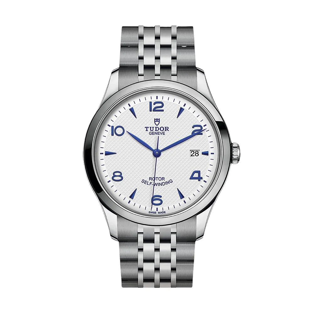 A silver Rolex watch with blue clock hands and numbers on a white background.