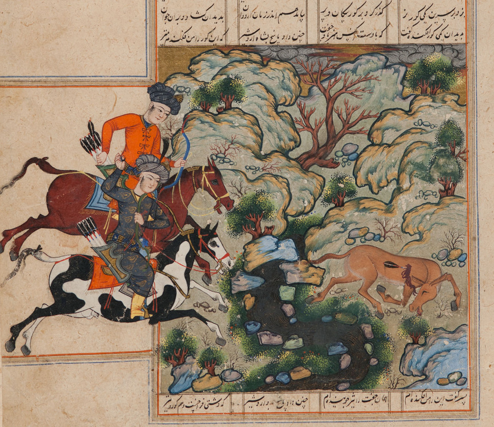 An oriental painting of horses diving across a map.