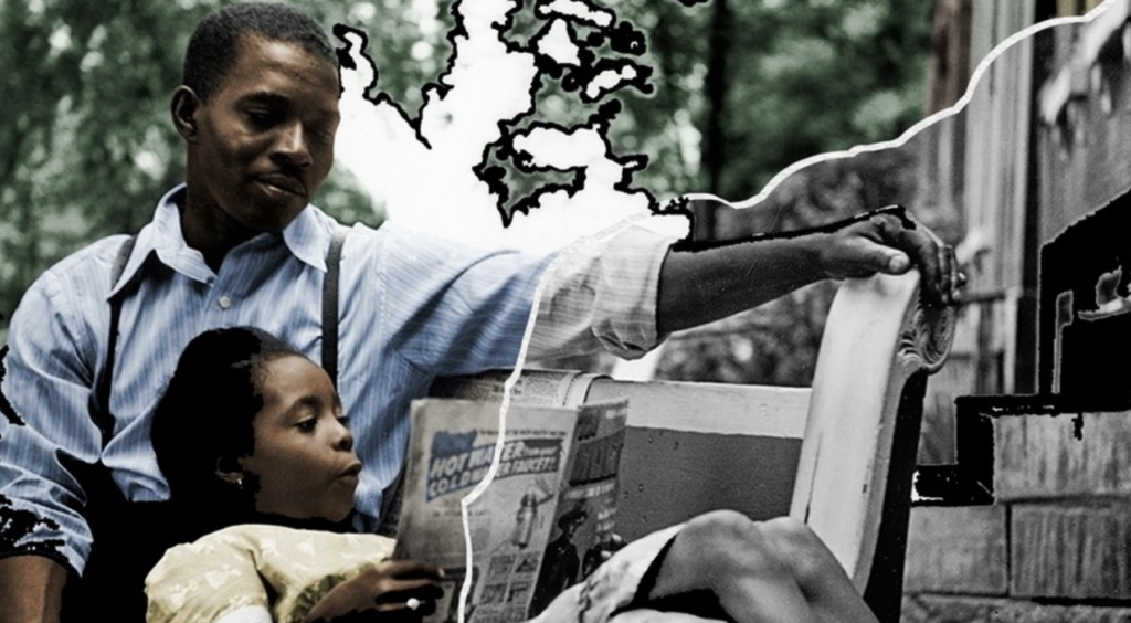A half colorized half black and white photo of a man sitting on a bench with a girl reading the newspaper, laying her head in his lap.
