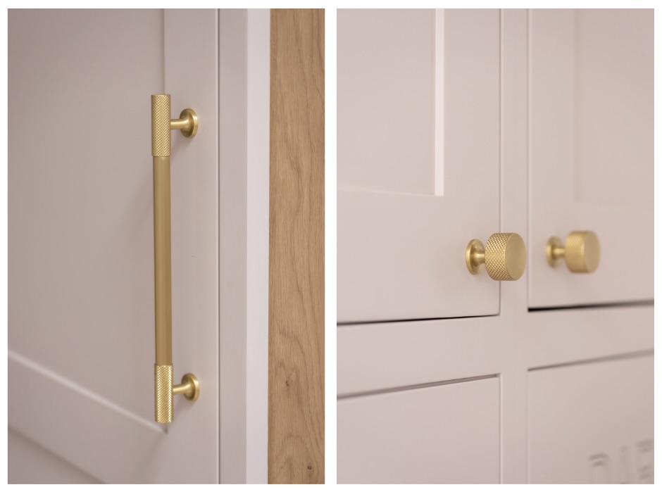 Brass handles on white cabinets from Allegheny Millwork & Lumber.