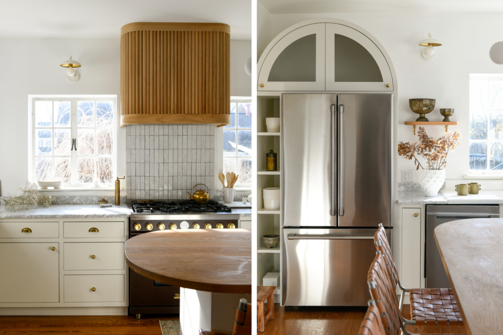 Two photos side by side of a kitchen interior remodel featuring white counter tops, a black stove, a wooden stove hood, and a steel refrigerator. 