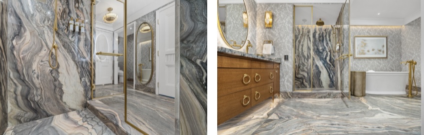 A collage of the marble Armina Stone penthouse suite bathroom at Nemacolin.