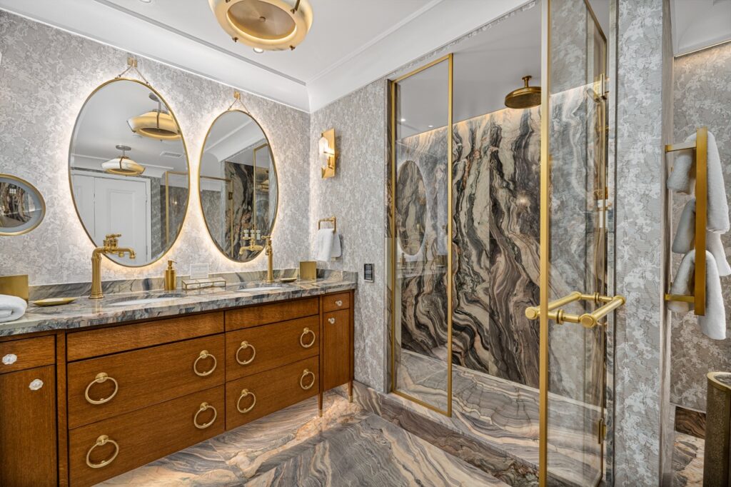 Marble bathroom by Armina Stone in the penthouse suite at Nemacolin.