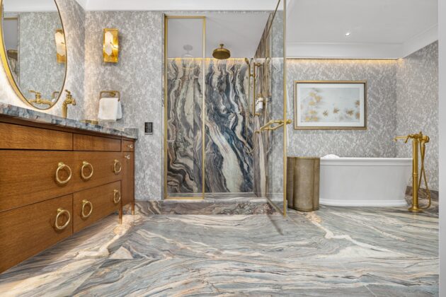 Marble bathroom by Armina Stone in the penthouse suite at Nemacolin.