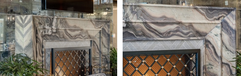 Two closeup pictures of the Armina Stone marble fireplace at Nemacolin.