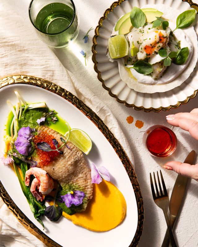 Two plates hold two different seafood dishes, one is to the left in an elongated form while the other is to the top right in a circle form.