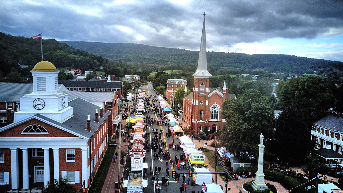 An aerial view of downtown Bedford, PA and its landmarks