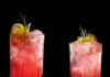 The Magnolia Cherry Cocktail A red cocktail with lemon and garnish on a black background