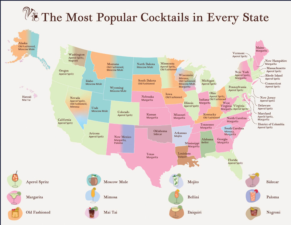 A map displaying cocktail preferences across the United States