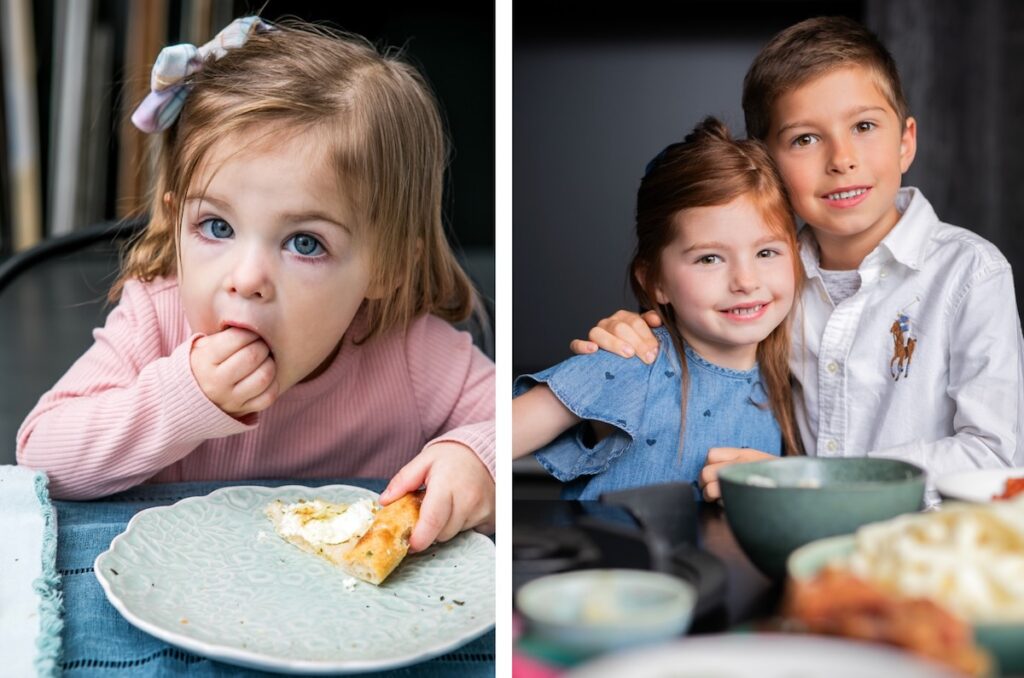 Side by side photos of a girl on the left eating pizza and two siblings a boy and a girl on the right.