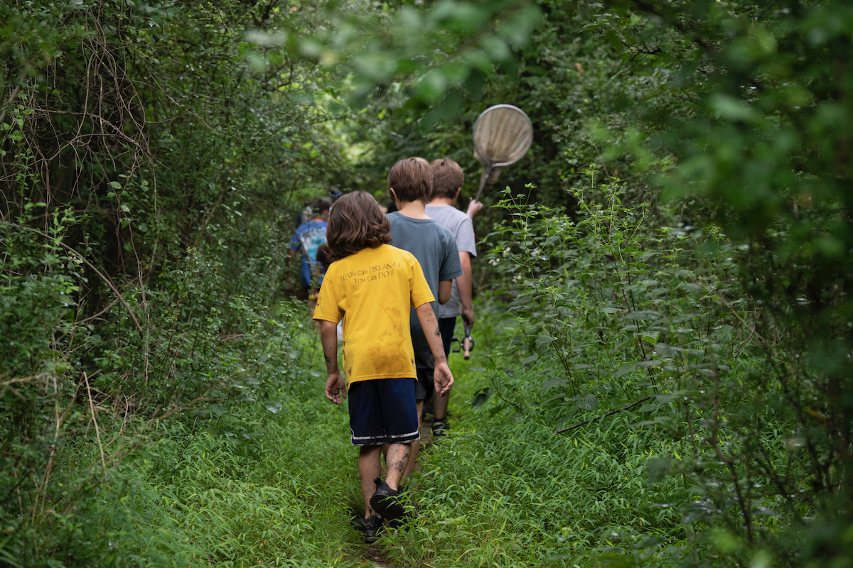 A group of children on a green nature trail 