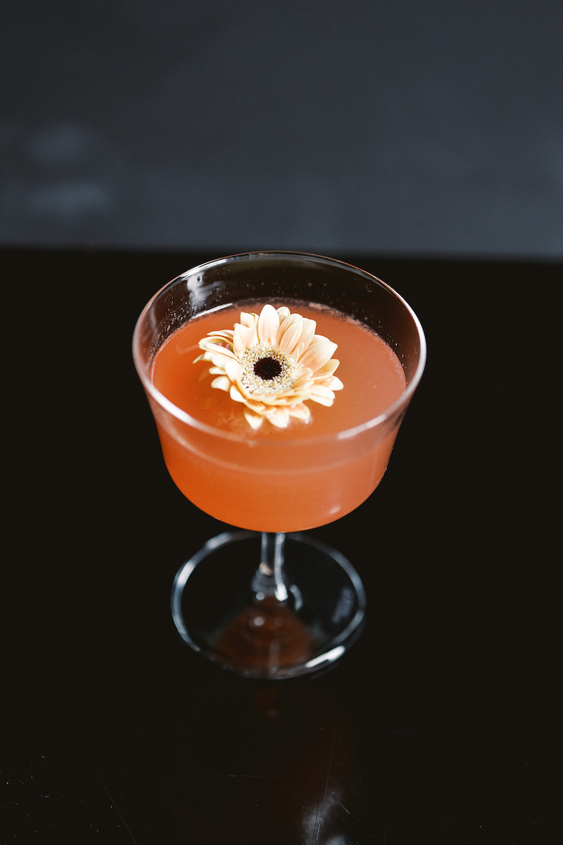 A pink cocktail with a flower floating in the center of it on a black background