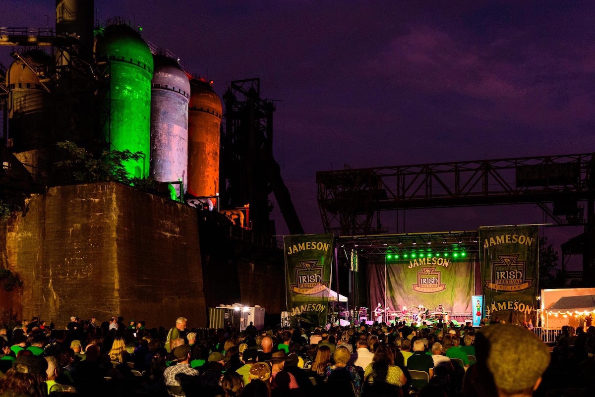 The carrie blast furnaces lit up for the Pittsburgh Irish Festival in green, white, and red. 