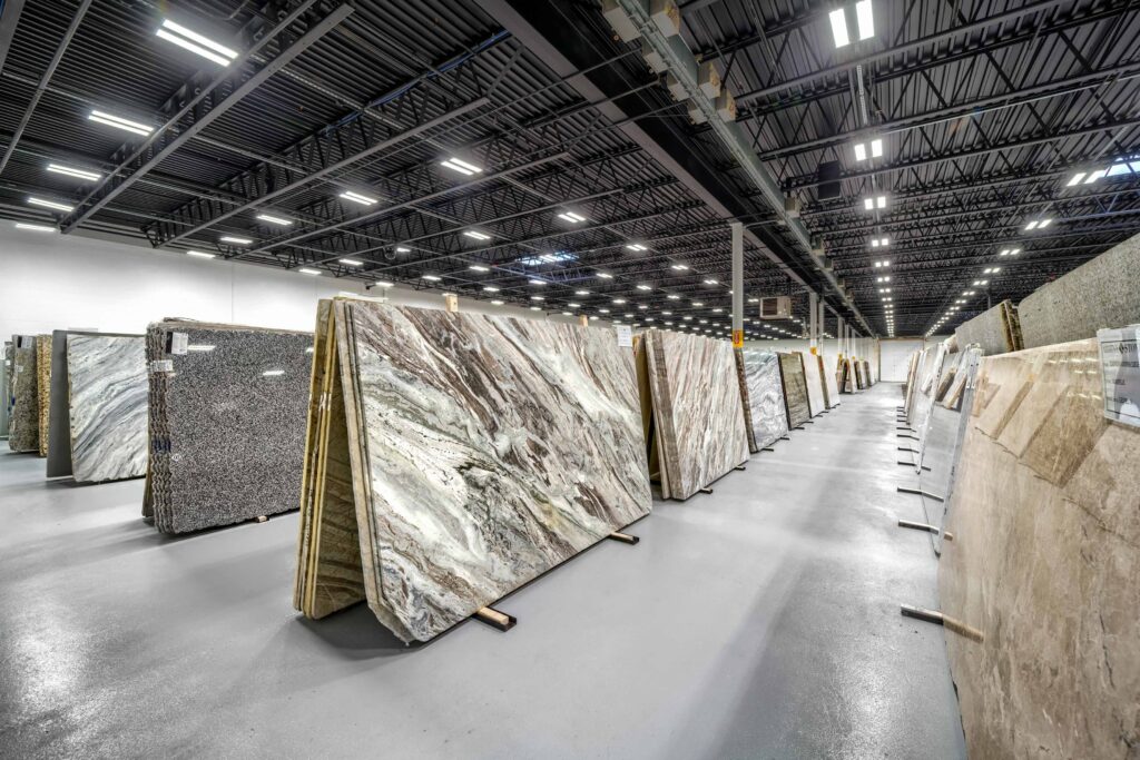 various lines of slate marble countertops in the Armina Stone warehouse.