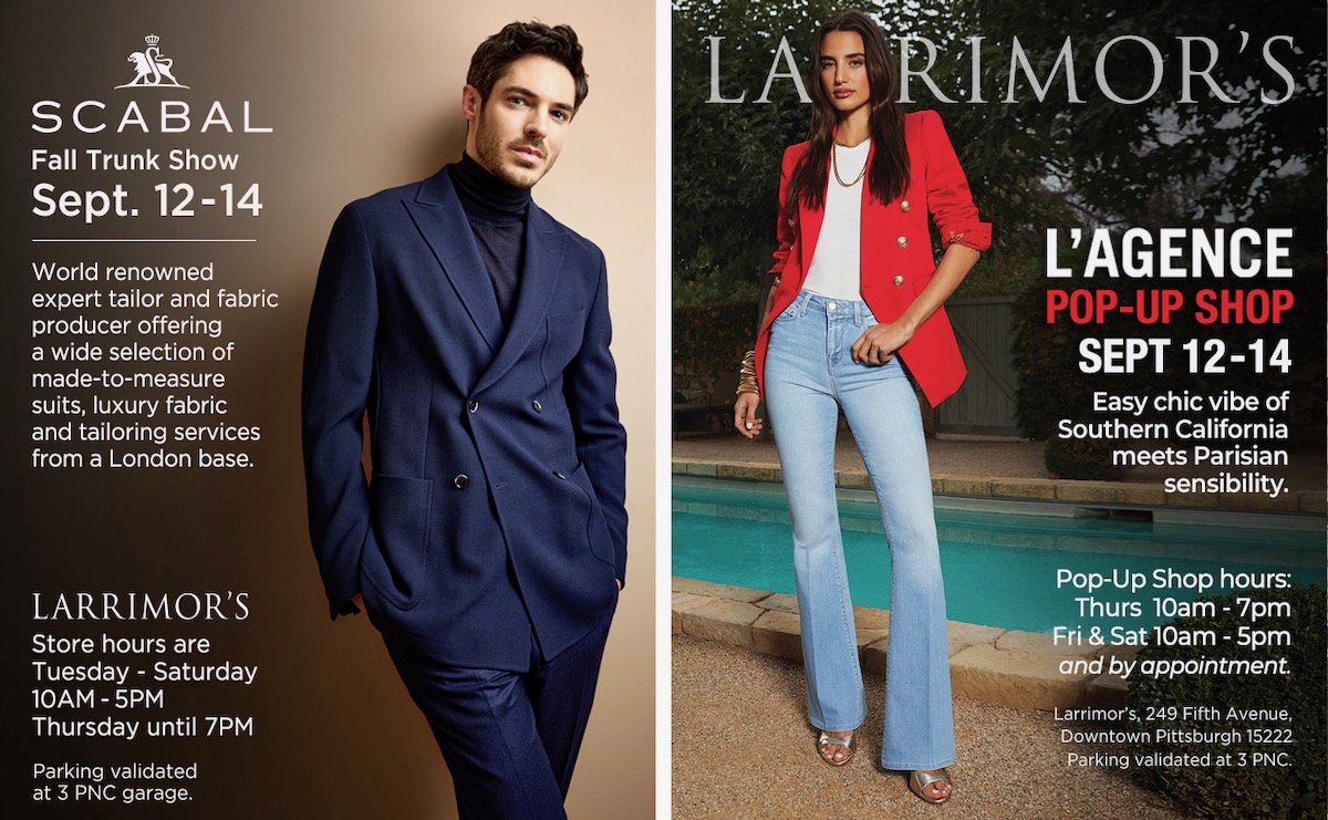 A man in a blue suit and a woman in a red blazer and jeans, with printing that is advertising a trunk show at Larrimor's.