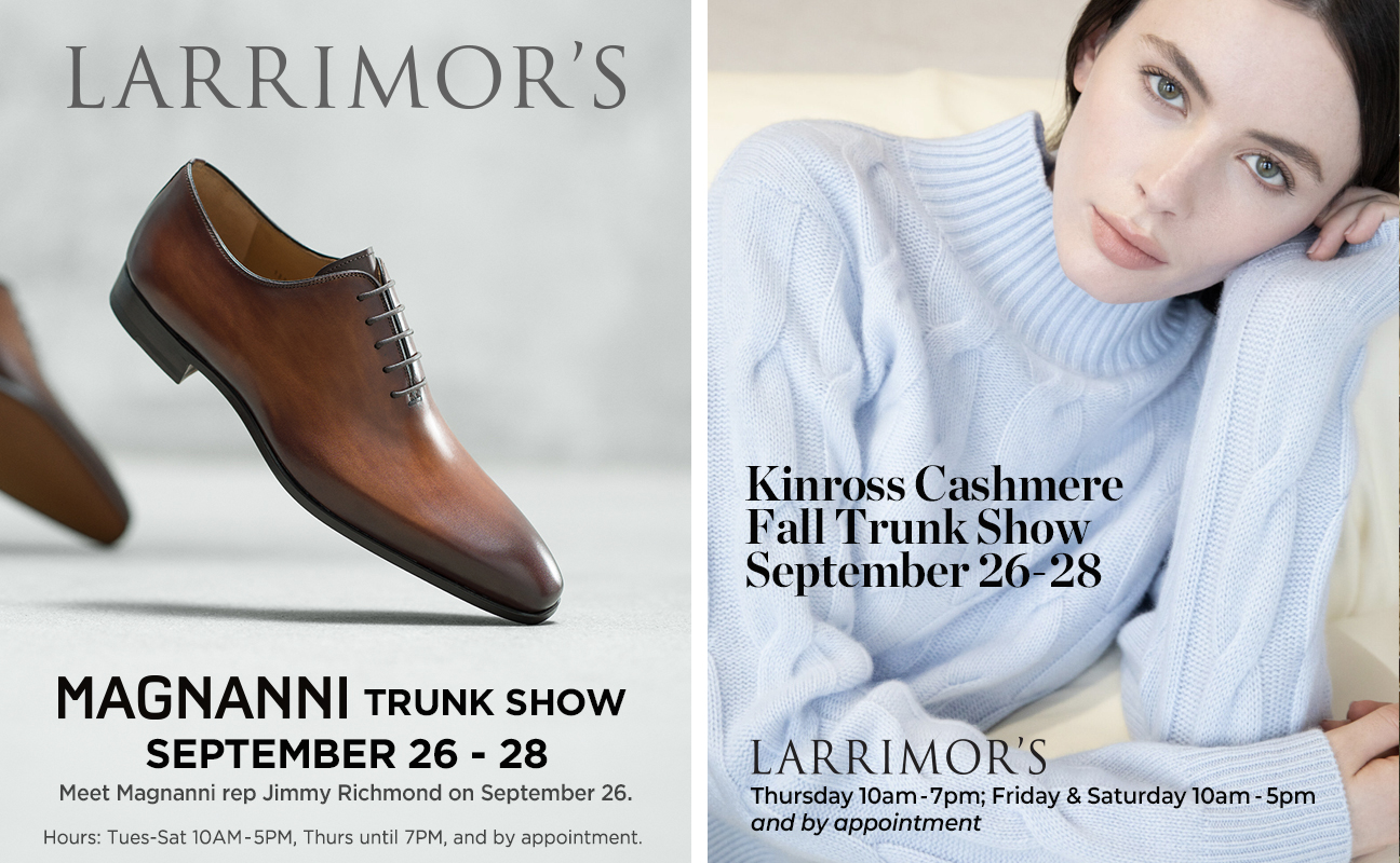 A pair of brown leather shoes for men and a woman in a powder blue sweater with words advertising a trunk show at Larrimor's.