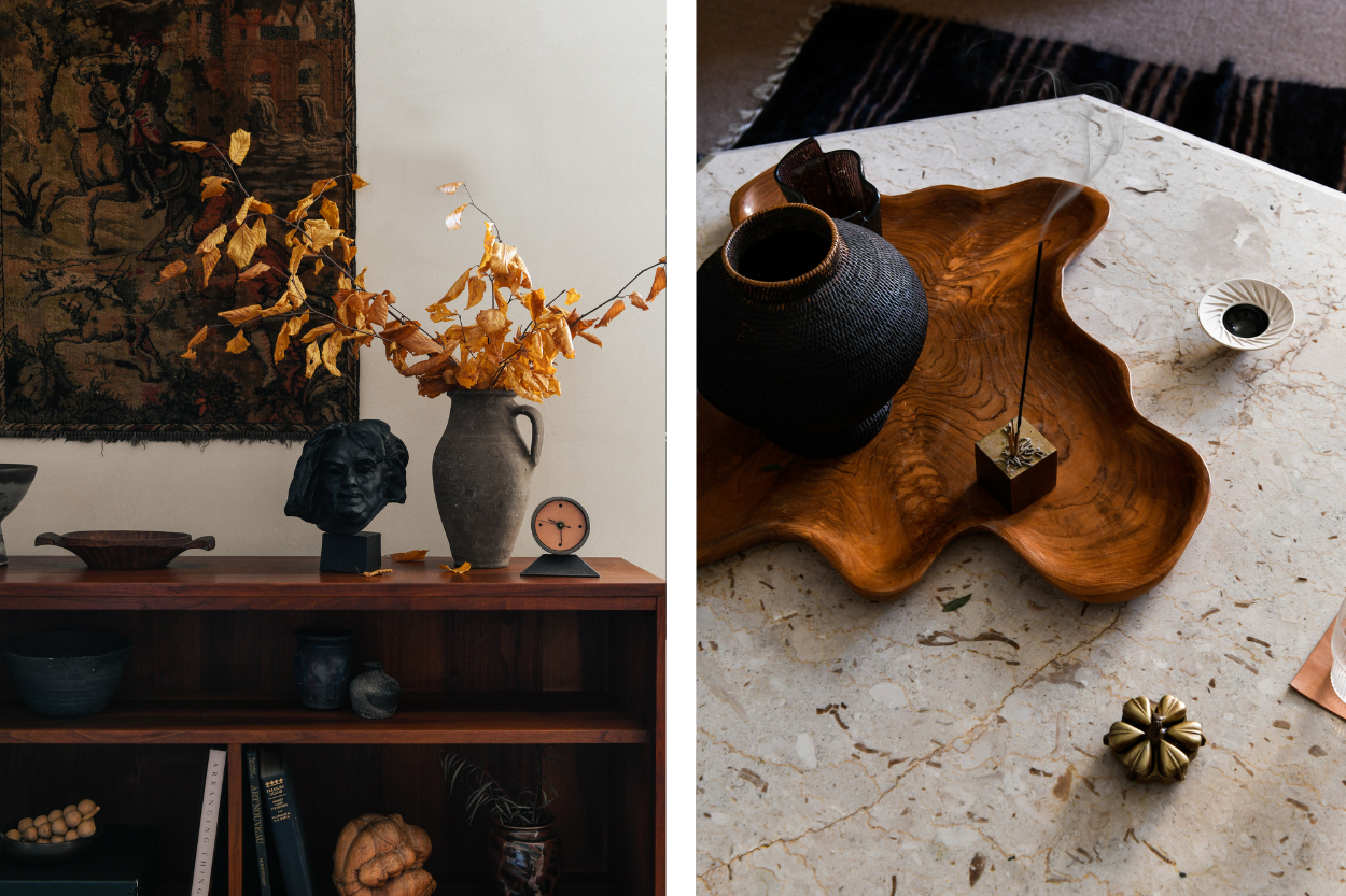 Two images are beside each other. On the left is a brown vintage shelf with a flower vase on top and on the right is a vintage brown dish on a marble table. 