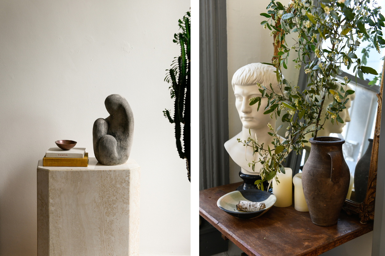 A side by side of two images on the left is a podium with two statues on it and on the right is a vintage furniture table with a plant and head statue on top. 