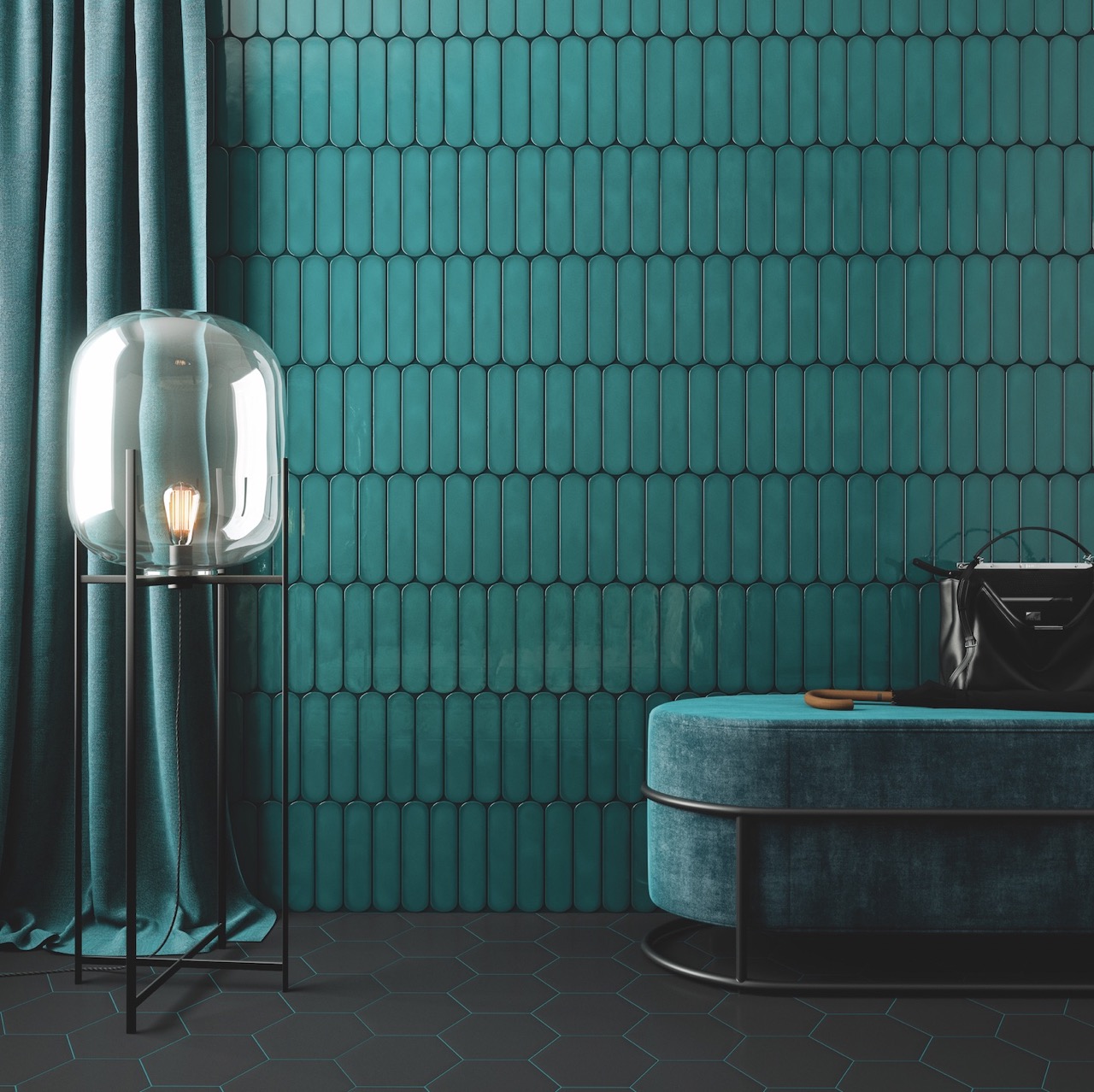 A sensorial surrealism room includes rounded oval teal tiles with matching furniture and curtains.