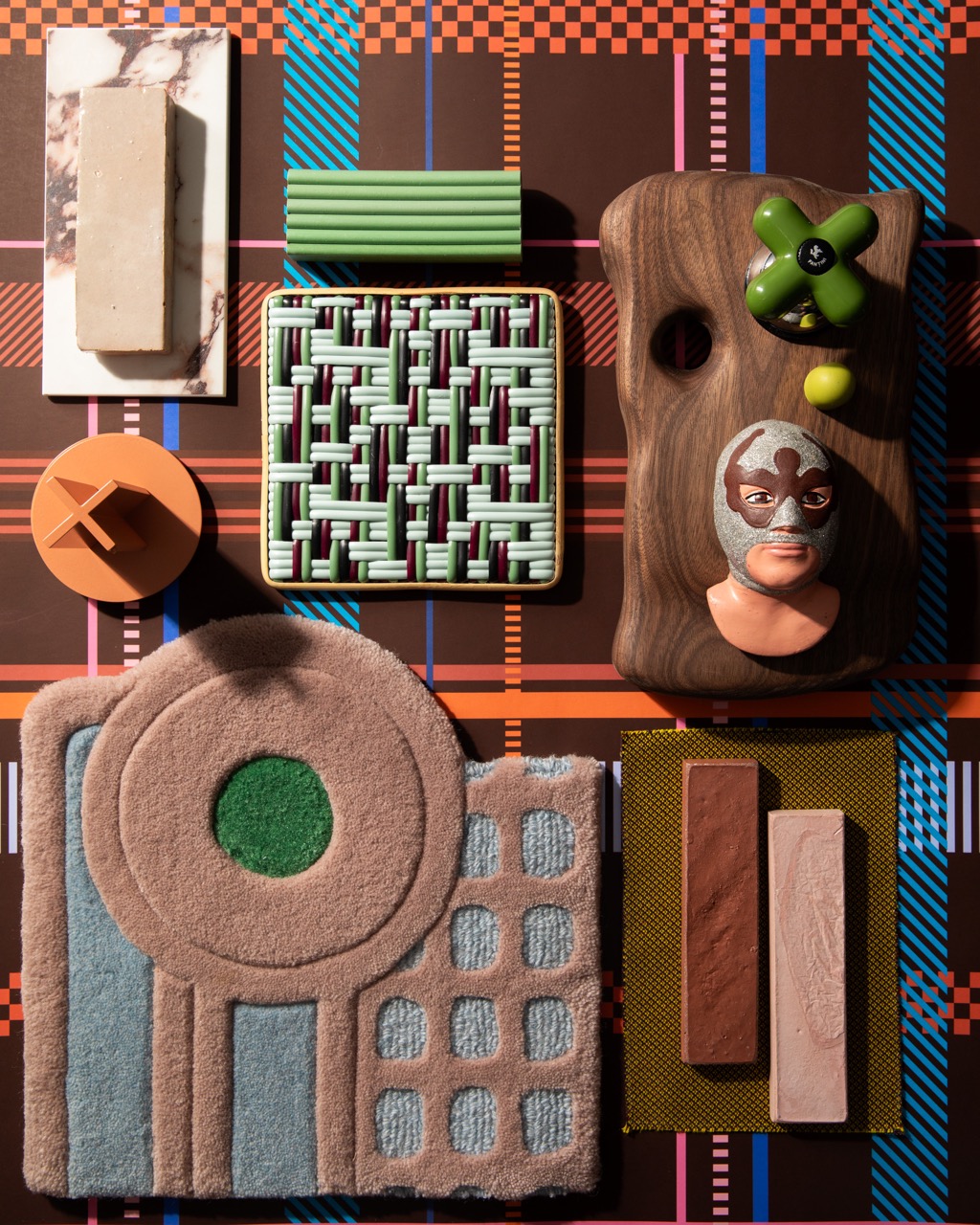 A sensorial surrealism collage of Ghislaine's items including various vintage artifacts and a luchidor mask. 