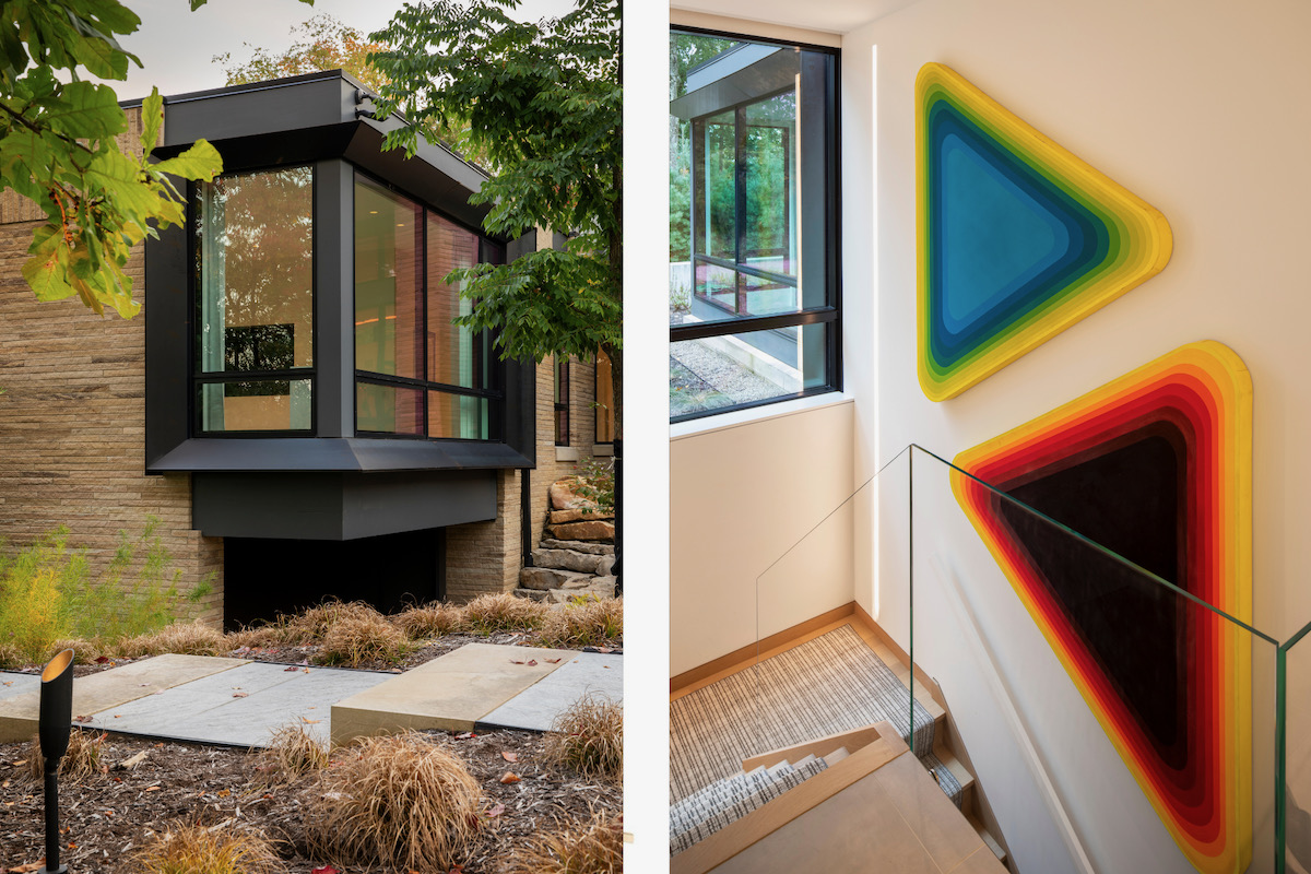 Two images side by side, one of the outdoor area of a home, the other of two glass triangles on a wall