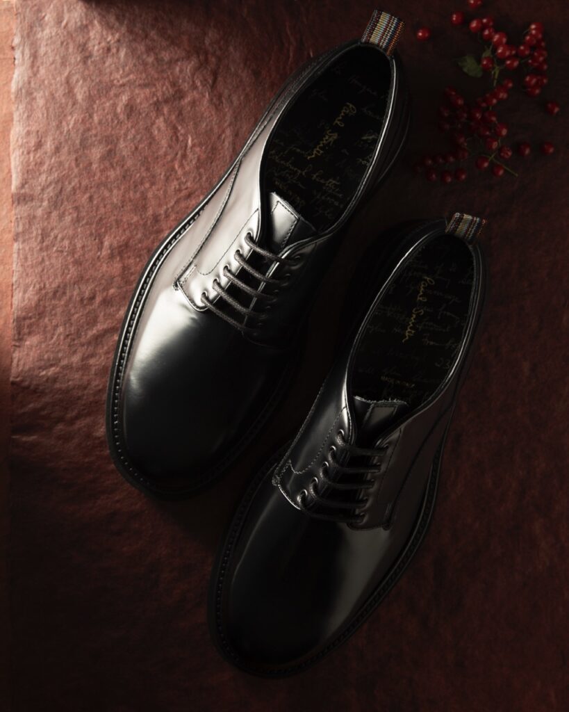 A pair of black suede shoes.