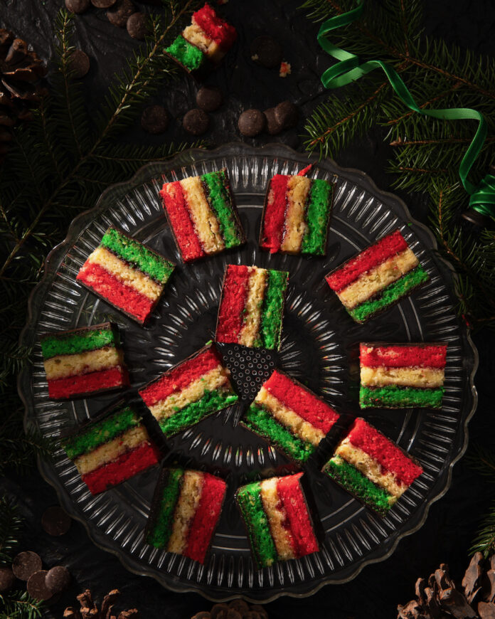 Italian Rainbow Cookies Italian rainbow cookies arranged into a spiral