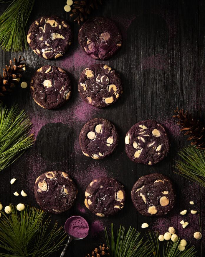 Ube Sweet Soy White Chocolate Cookies Ube Cookies surrounded by holiday decorations