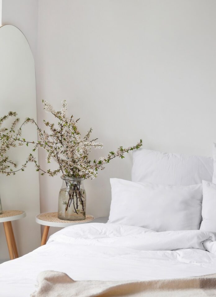 Giving Guide 2024: Living in Liberty A bedroom set up with a mirror to the left, plant on a table beside the mirror, and a white bed with white pillows beside the plant.
