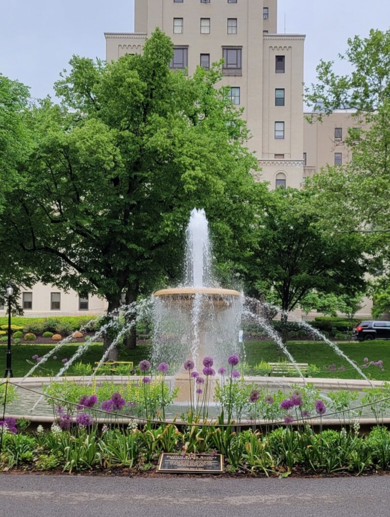 A found in the center of one of Pittsburgh's parks sits in front of a group of tees and behind a bed of flowers.